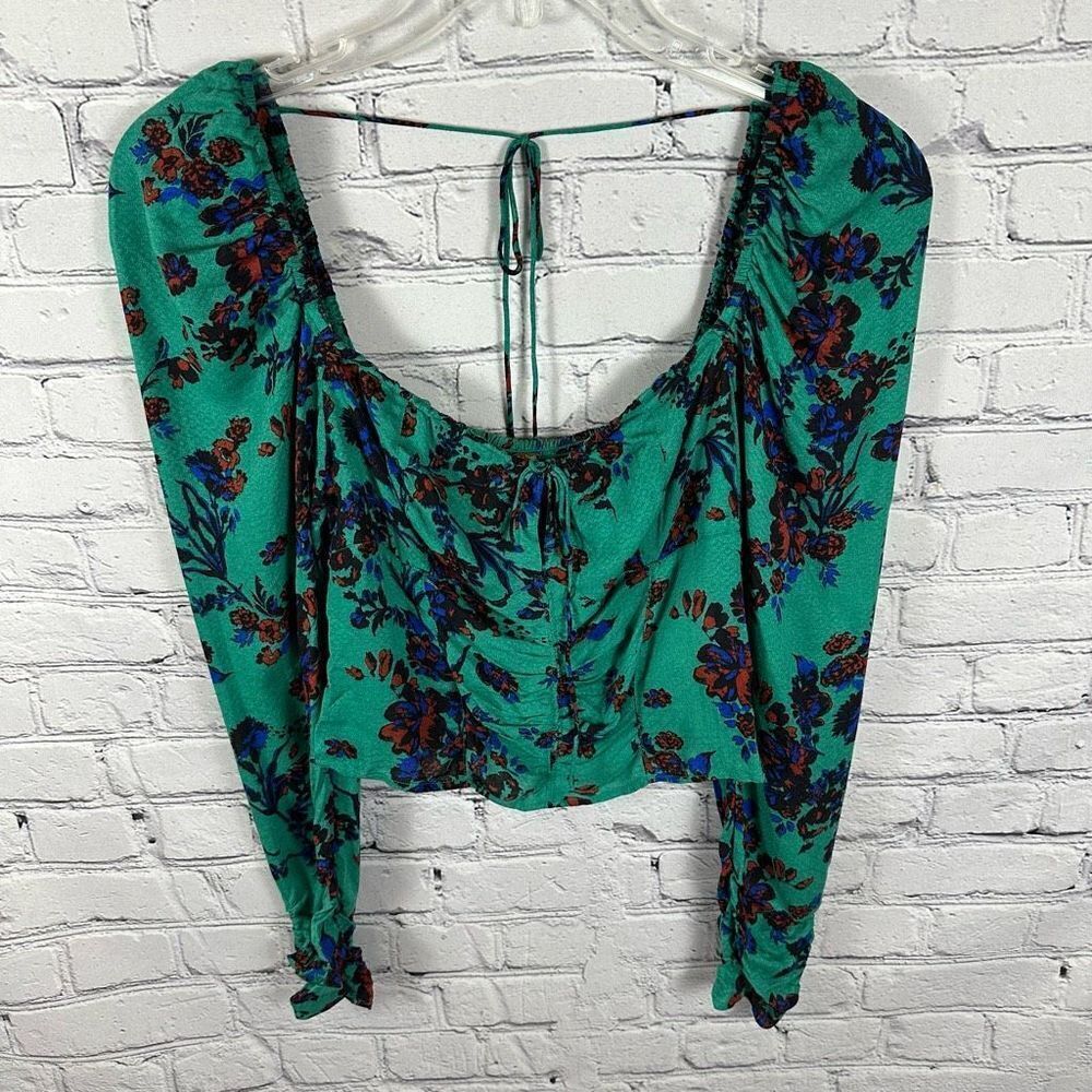 Free People FP Hillary Printed Top Keyhole Cropped Smocked Green Combo NWT